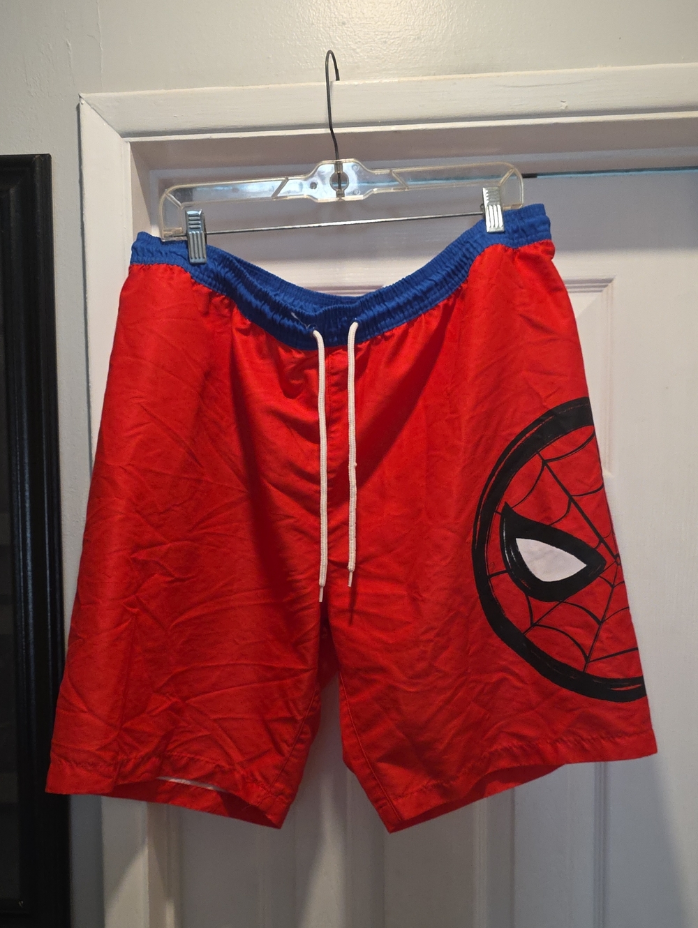 Marvel Men's Red Athletic Shorts with Blue Waistband and Spider-Web Graphic
